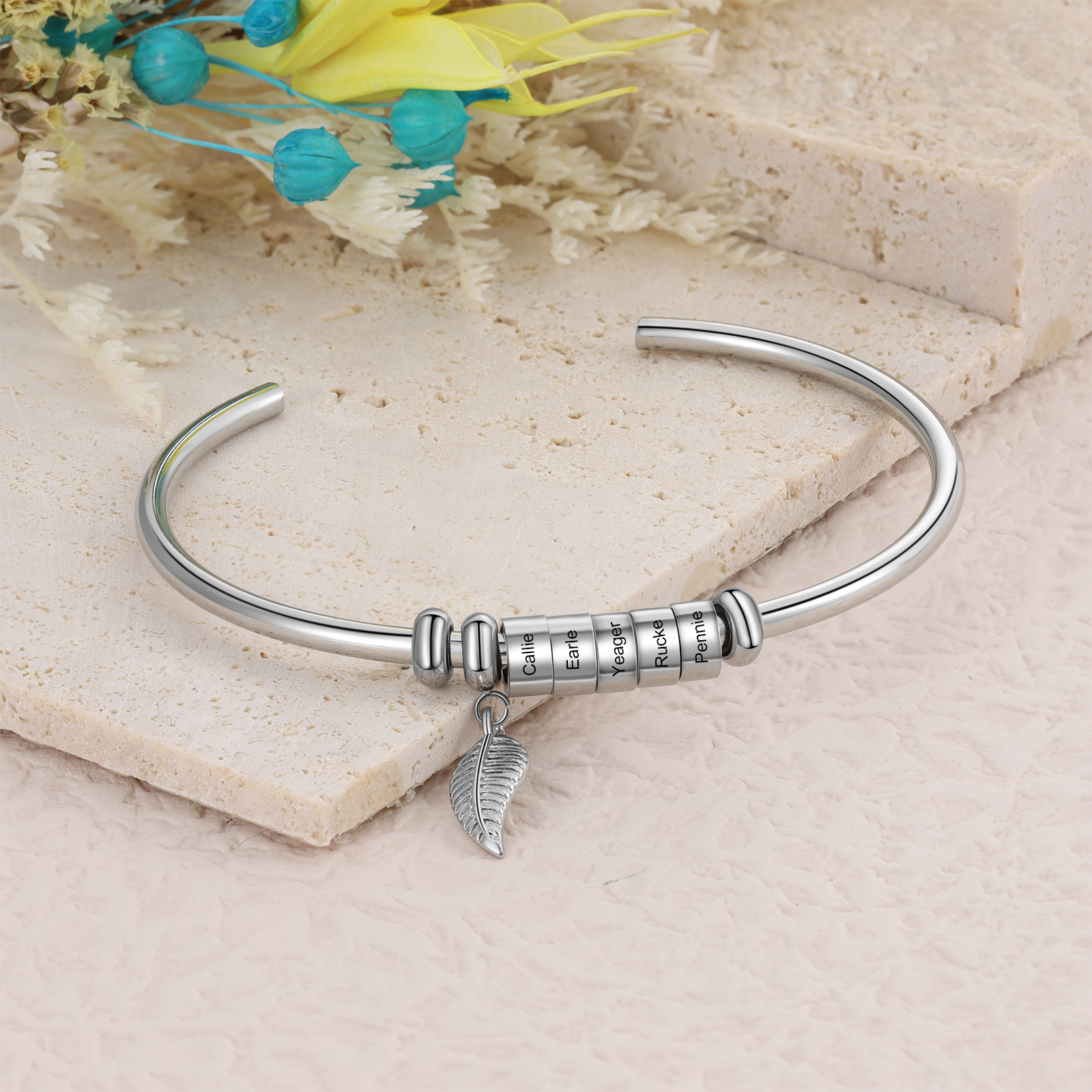 Women Bangle Bracelet with Leaf and Beads Engraved 5 Names Rose Gifts for Mother-Jessemade AU
