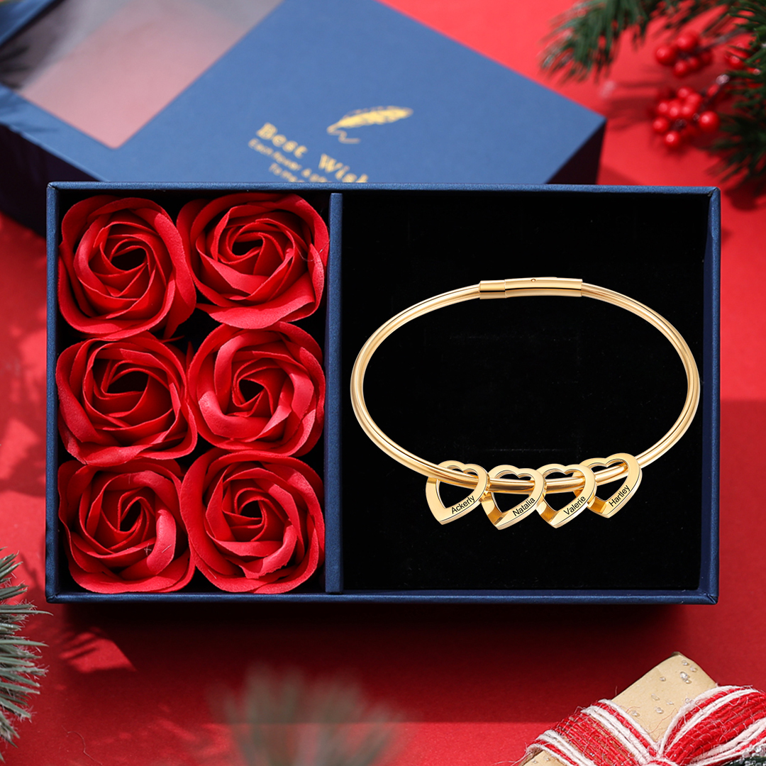 Personalised Love Bangle Bracelet with 4 Heart Charms Engraved 4 Names Bracelet Rose for Her-Jessemade AU