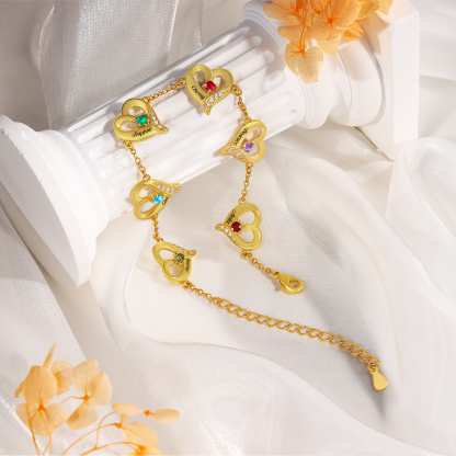 6 Names - Personalised Heart Bracelet Custom Names & Birthstones Bracelets Valentine's Day Gift For Her-Jessemade AU