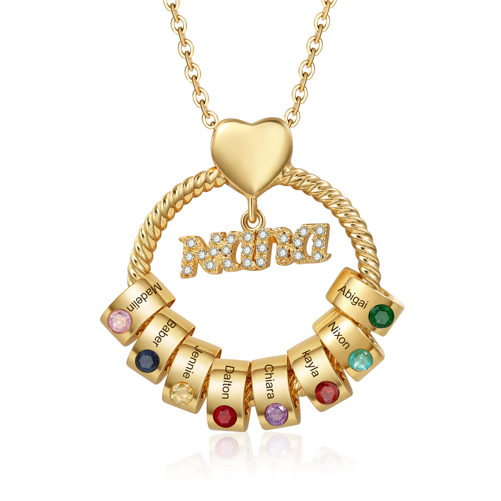 Personalised Nana Necklace Custom 1-8 Names & Birthstones Circle Pendant Necklace Gift for Grandma Nana