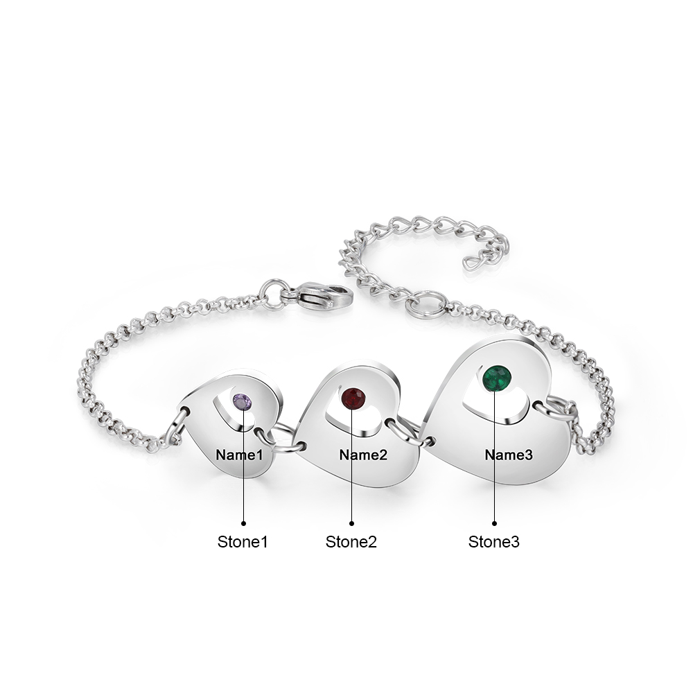 Personalised Heart Bracelet With 3 Birthstones Engraved Names Bracelet Gift For Women-Jessemade AU