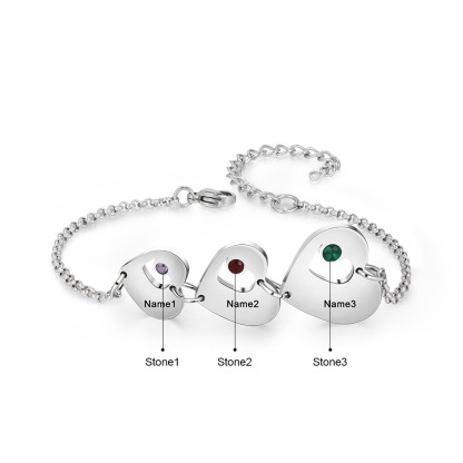 Personalised Heart Bracelet With 3 Birthstones Engraved Names Bracelet Gift For Women-Jessemade AU