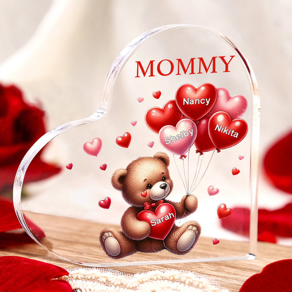4 Names - Personalised Acrylic Heart Keepsake Custom Text Teddy Bear Balloon Ornaments Gifts for Grandma/Mother-Jessemade AU