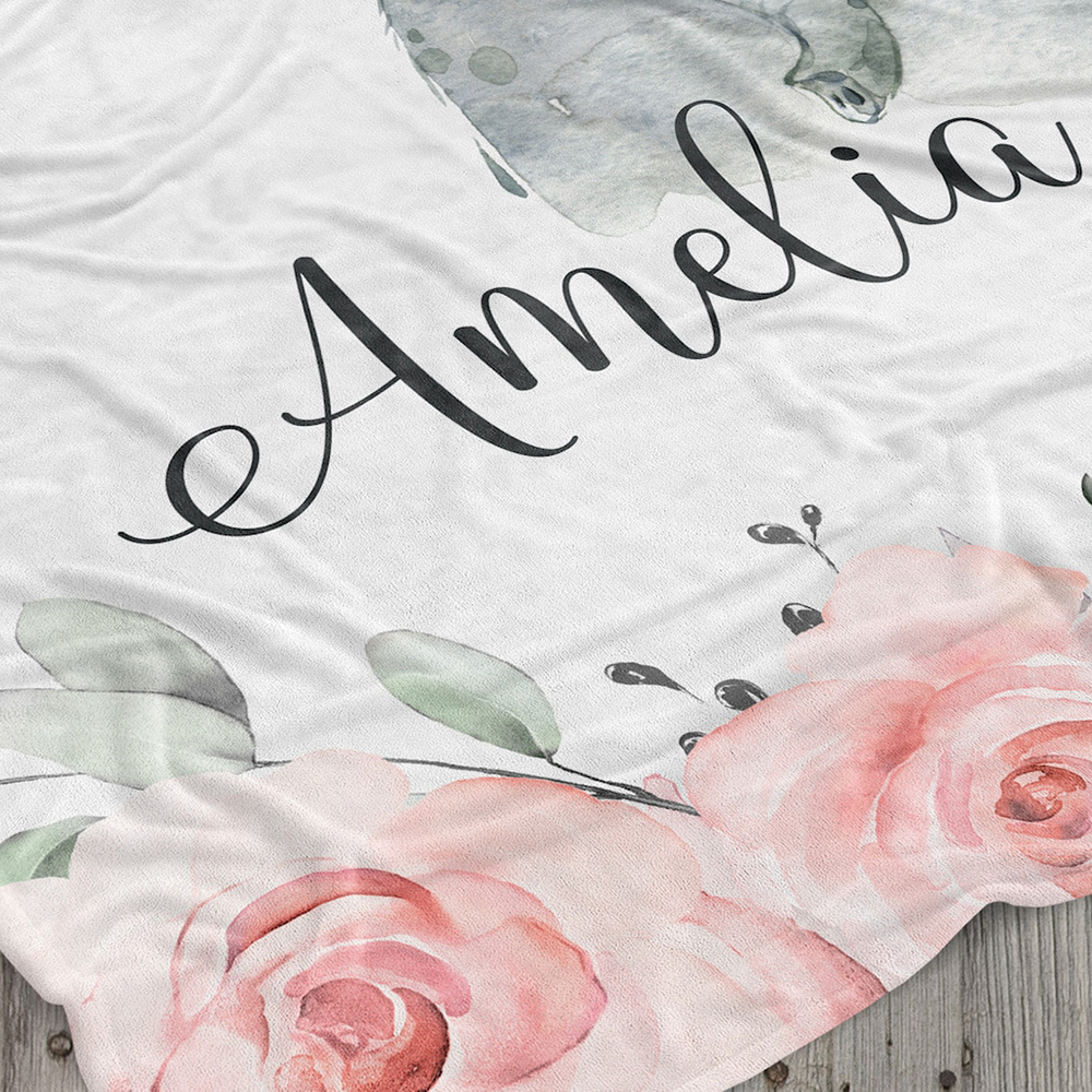 Personalised Pink Floral Elephant Blanket Custom Name Gifts For Baby Girl-Jessemade AU