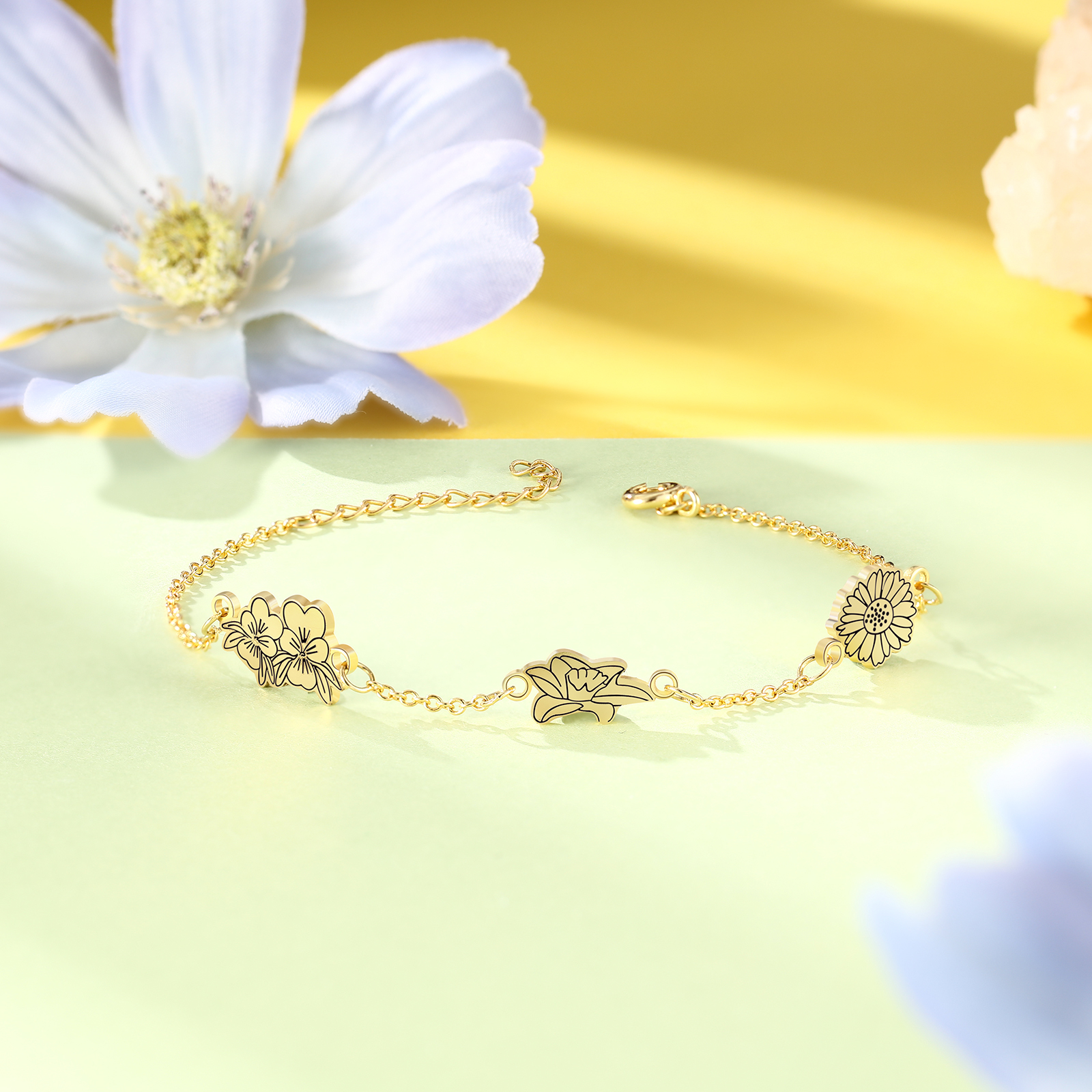 Personalised 3 Birth Flowers Elegant Woman's Bracelet-Jessemade AU