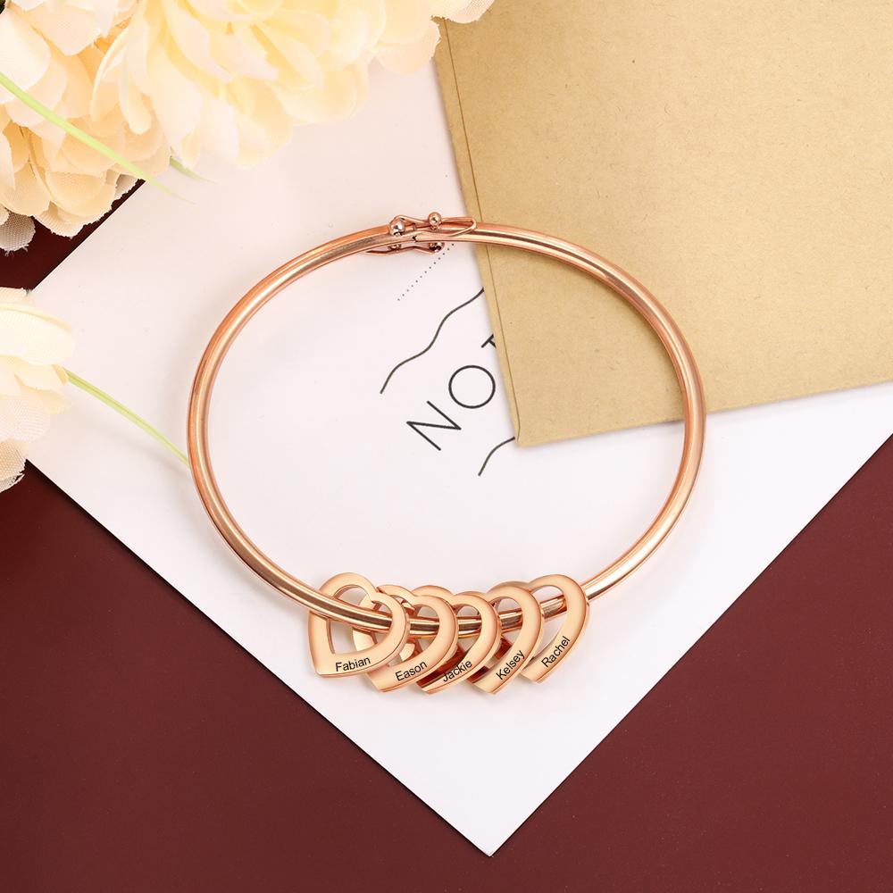 Engraved Personalised Bangle Bracelet with 5 Names with 5 Heart Shape Pendant Gift for Mother-Jessemade AU