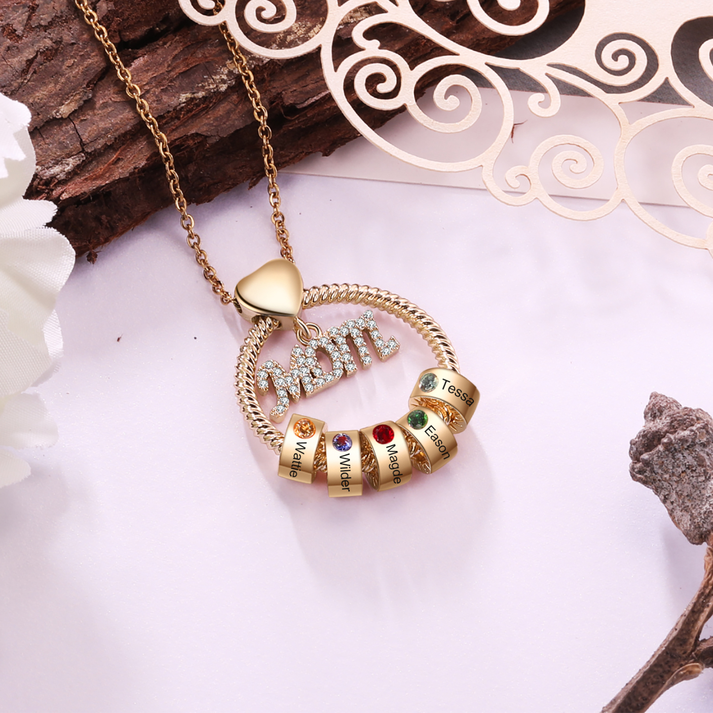 Personalised Necklace With 5 Birthstones Engraved Names Gift For Mother-Jessemade AU