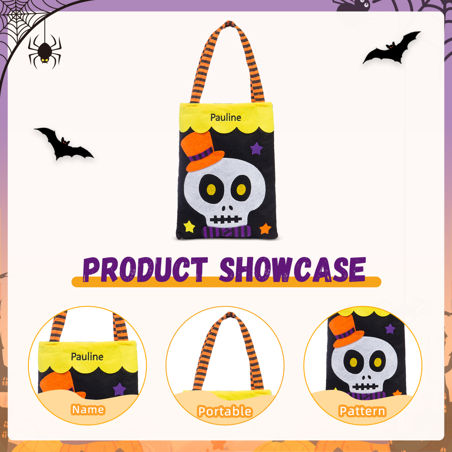 Personalised Halloween Tote Bags Custom 1 Name Tote Bag Halloween Candy Bag for Kids-Jessemade AU