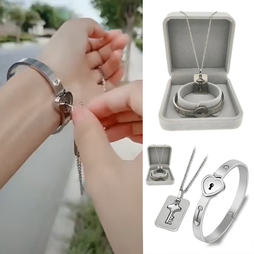 Key to My Heart Couple Key Necklace and Love Lock Bracelet Set-Jessemade AU
