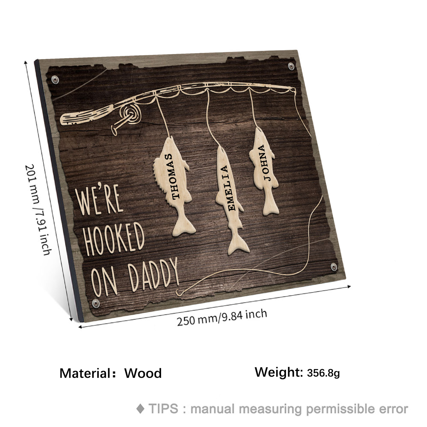 Father's Day Gifts Wood Signs Engrave 3 Names Frame Keepsake -We've Hooked On Daddy-Jessemade AU