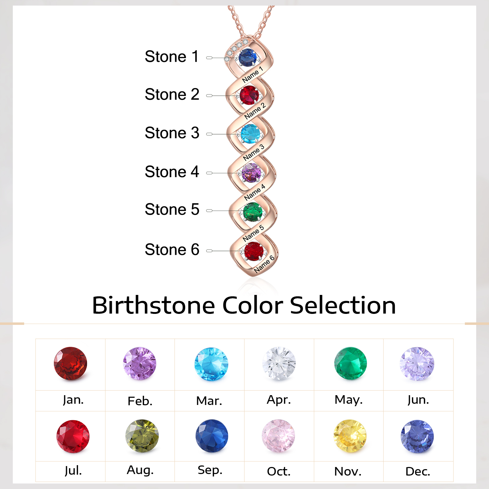 Custom Family Necklace with 6 Birthstones Engraving Names Dancing Stone Necklace-Jessemade AU