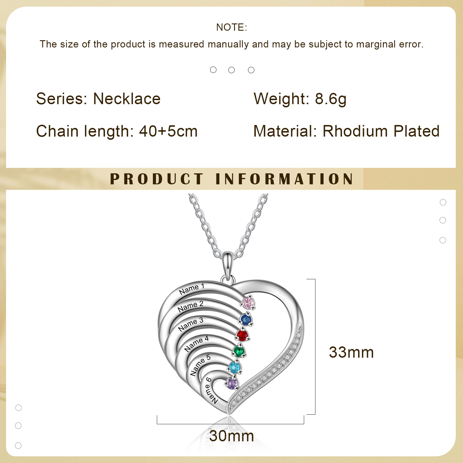 Personalised Mother Necklace 6 Stones Engraved 6 Names Birthstone Intertwined Heart Pendant Gifts for Her-Jessemade AU