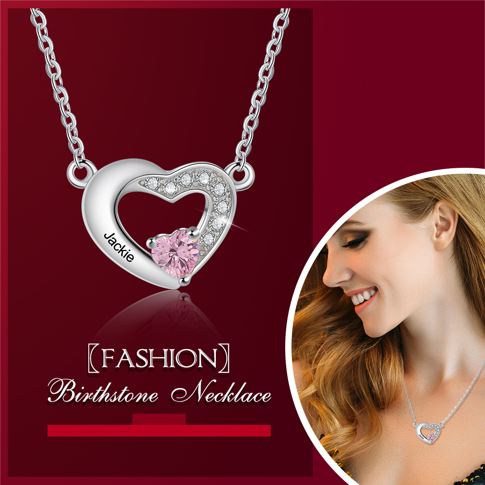 Personalised Heart Necklace with Birthstone Engraved Name Gifts for Her-Jessemade AU