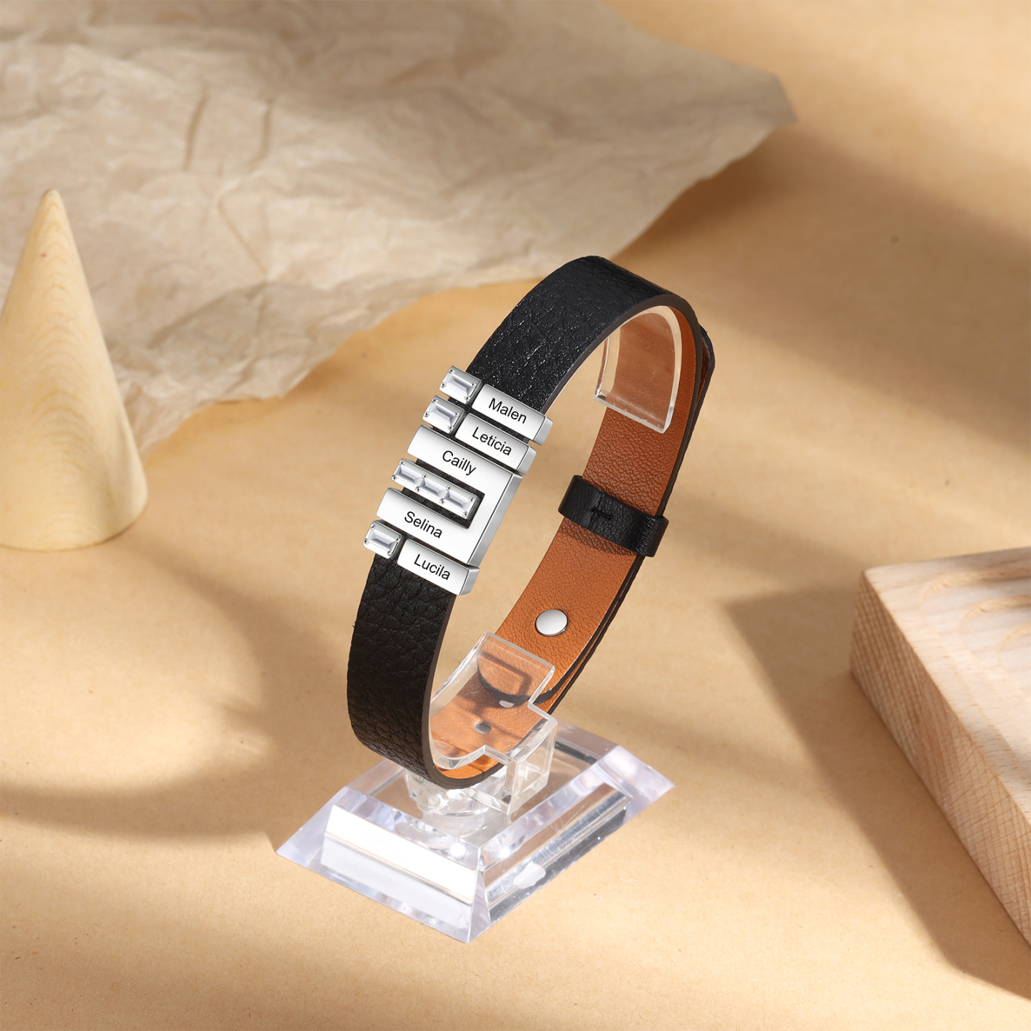 Customised Leather Bracelet with Beads Engraved 5 Names Bangle for Him-Jessemade AU