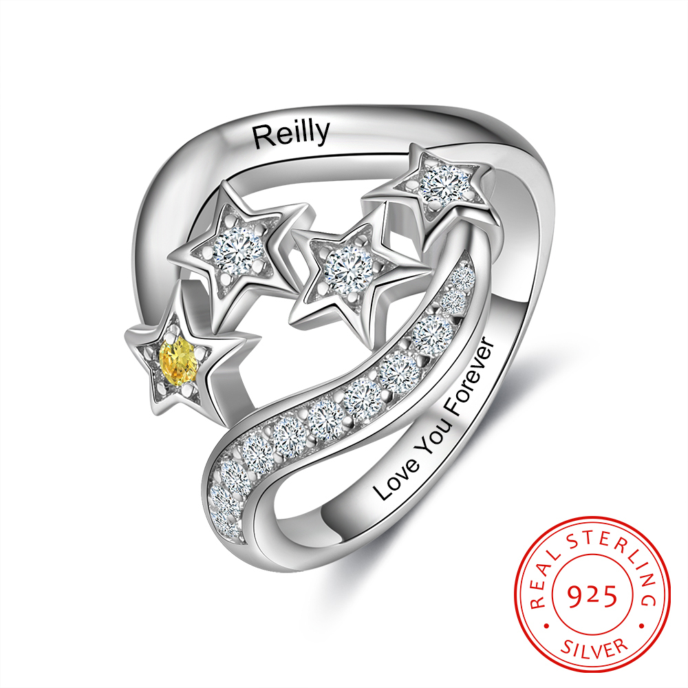 Personalised Star Ring With 1 Birthstone Engraved Names Ring Gift For Women-Jessemade AU