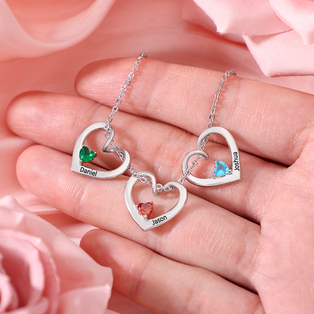 Personalised Heart Pendant Necklace Custom 2 Names & 2 Birthstones Necklace Gifts for Her-Jessemade AU