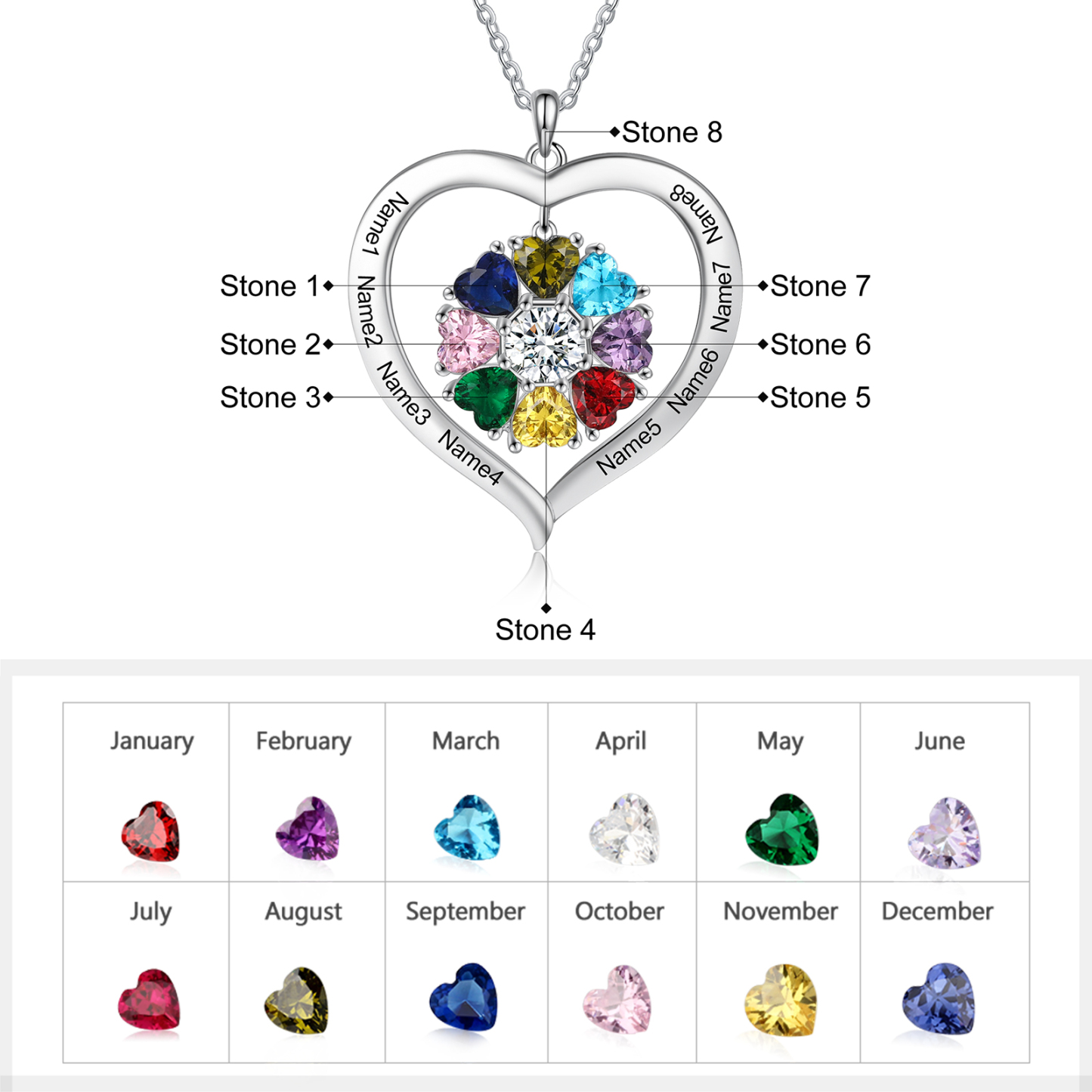 Personalised Heart Pendant Necklace with 8 Birthstones Engraved Names Family Necklace Gifts for Her-Jessemade AU