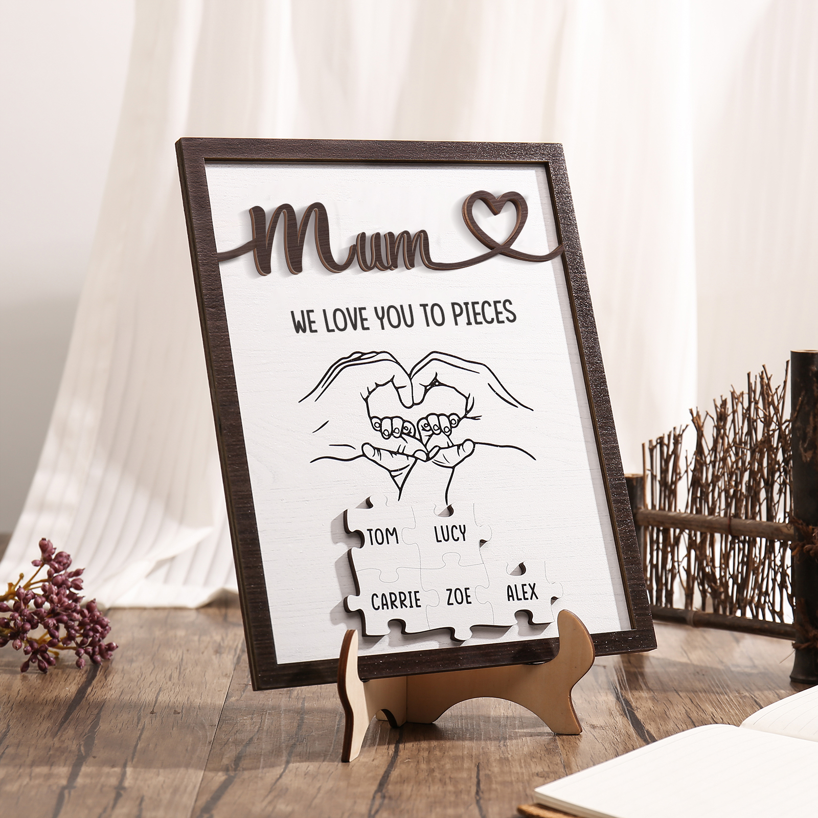 Personalised Puzzle Pieces Wooden Plaque Custom 5 Names & Text & Salutation Holding Hands Family Wooden Sign With Stand Gifts for Mum-Jessemade AU