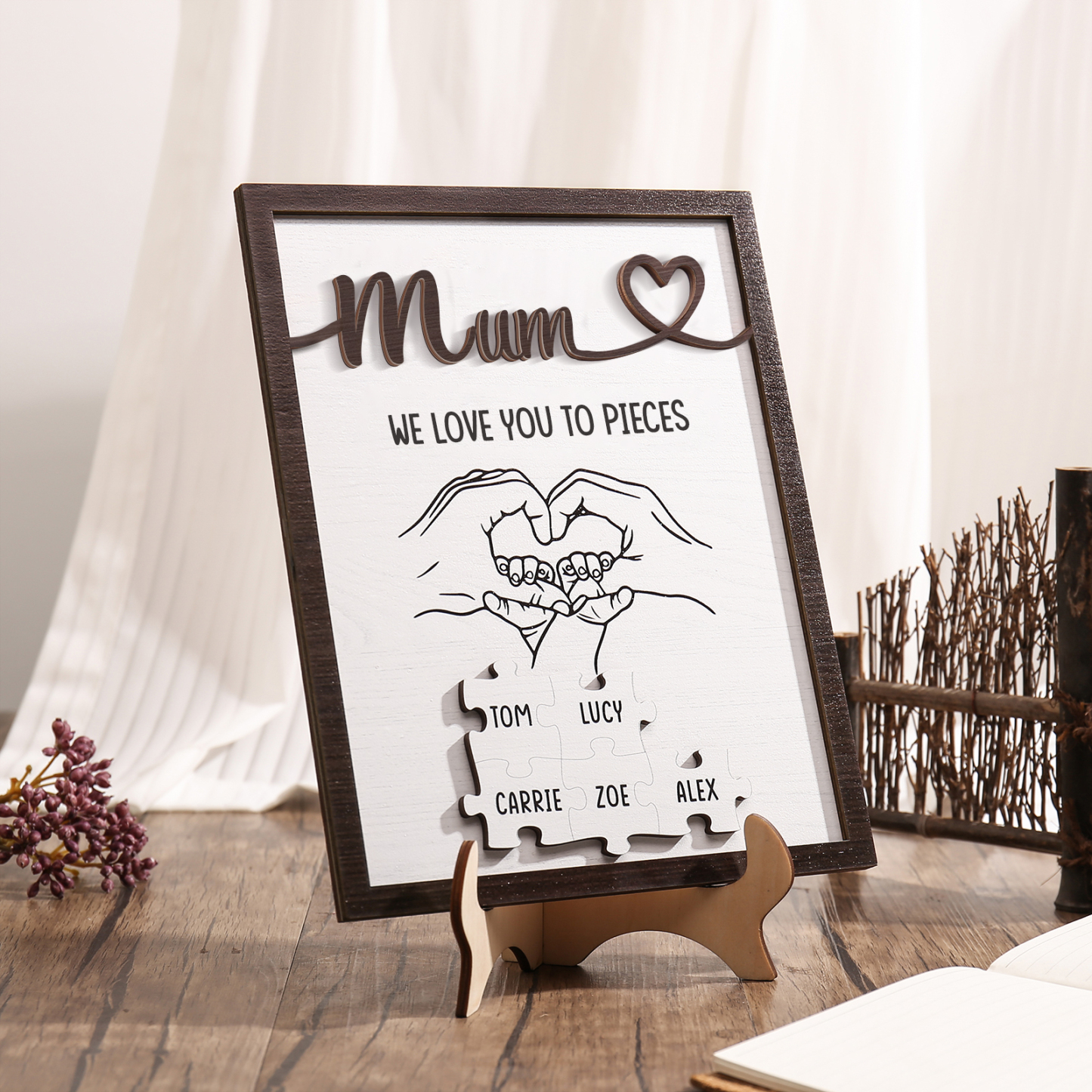 Personalised Puzzle Pieces Wooden Plaque Custom 5 Names & Text & Salutation Holding Hands Family Wooden Sign With Stand Gifts for Mum-Jessemade AU