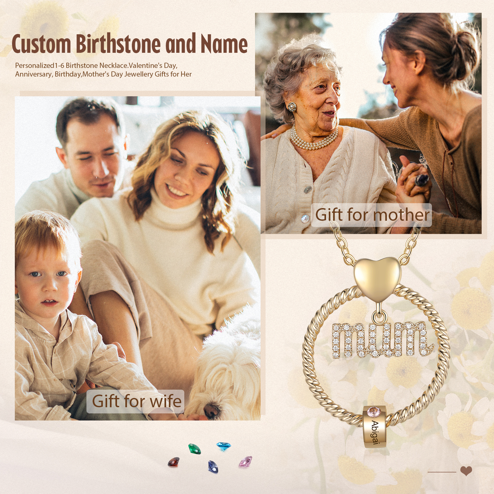 1 Name - Personalised Mum Circle Pendant Necklace Custom Name & Birthstone Necklace Gifts For Mum