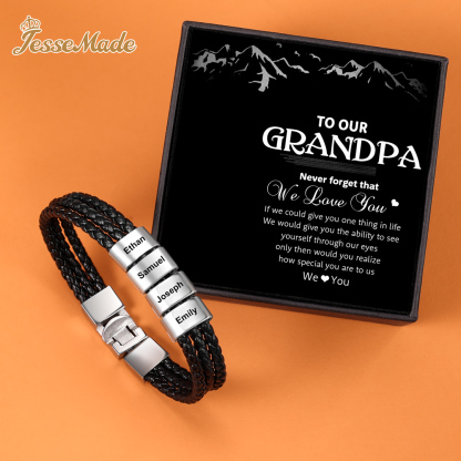 Personalised Braided Leather Bracelet Engraved 4 Names Men's Bracelet Gifts For Him-Jessemade AU