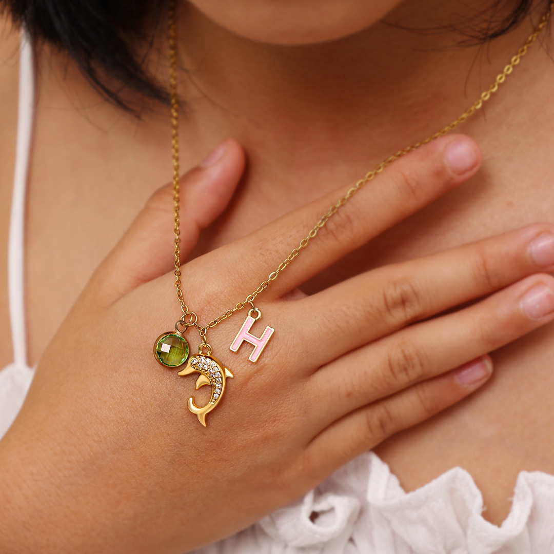 Back To School Personalised Dolphin Necklace Custom Birthstone and Initial Necklace-Jessemade AU