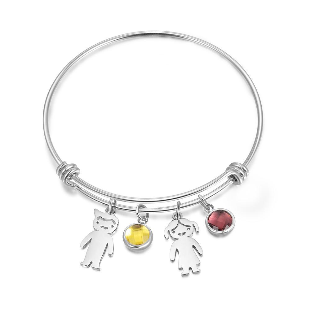 Bangle Bracelet with Kids Charms 2 Birthstone Engraved 2 Names Rose Box Set-Jessemade AU