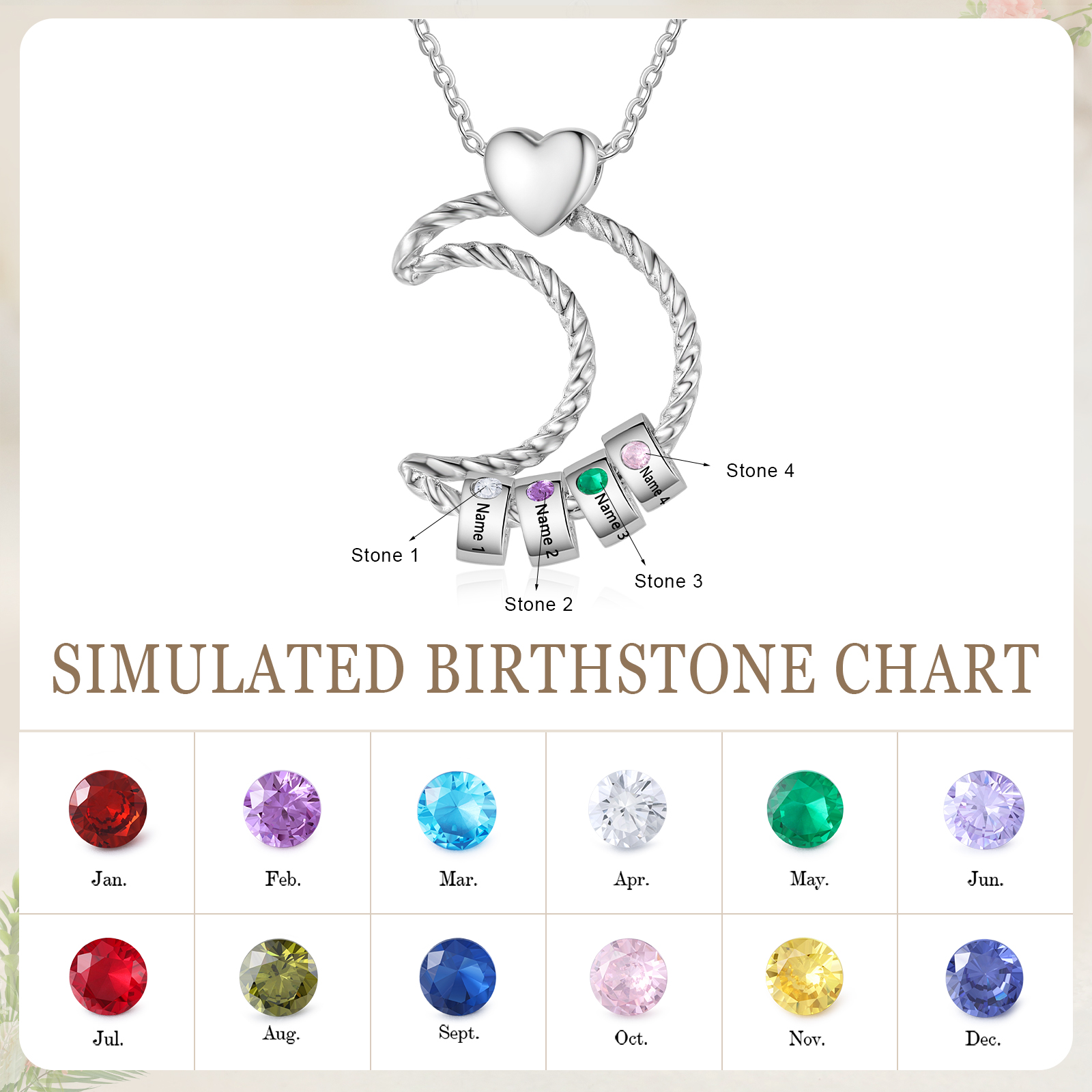 4 Names - Personalised Moon Pendant Necklace Custom Birthstones & Names Necklace Gift for Her-Jessemade AU