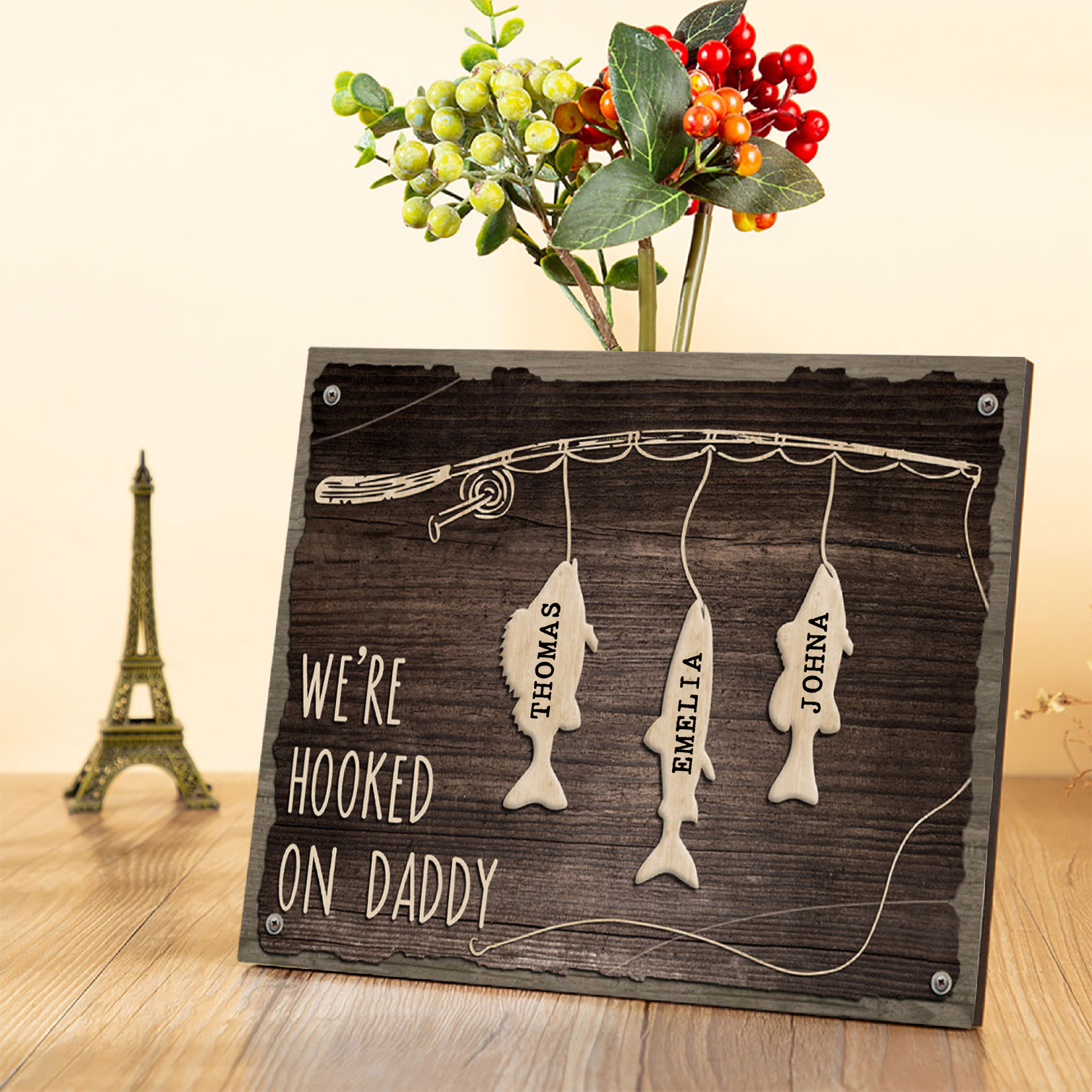 Father's Day Gifts Wood Signs Engrave 3 Names Frame Keepsake -We've Hooked On Daddy-Jessemade AU