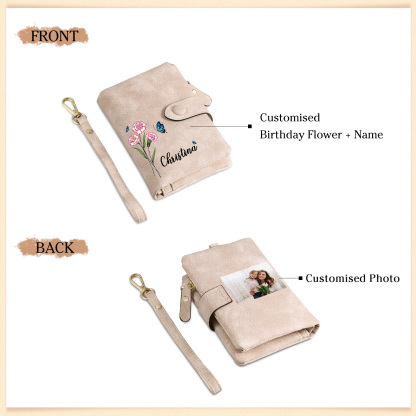 Personalised Women's Leather Wallet Custom Birthday Flower & Name & Photo Wallet Gift for Her