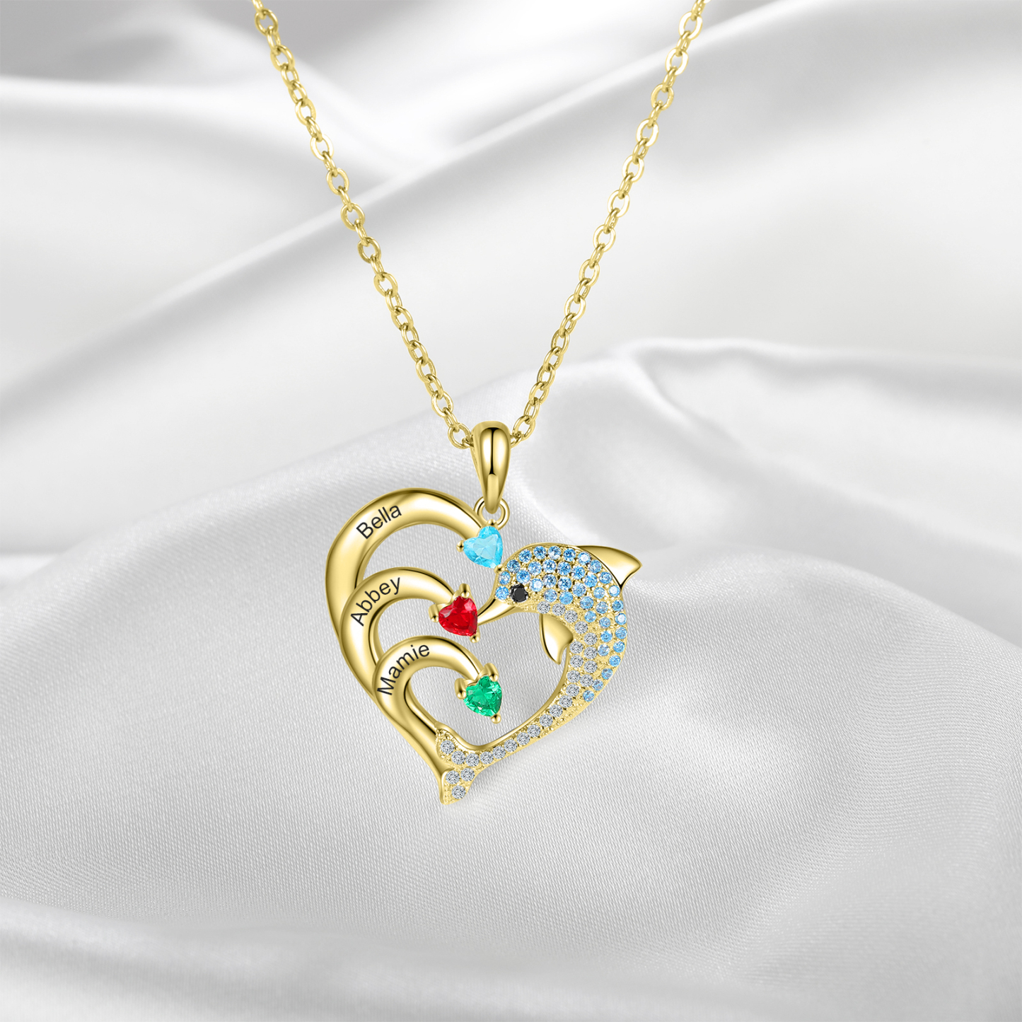 Personalised Heart Dolphin Necklace With 3 Birthstones Engraved Names Gift For Her-Jessemade AU