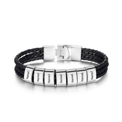 Personalised Braided Leather Bracelet Engraved 7 Names Men's Bracelet Gifts For Him-Jessemade AU