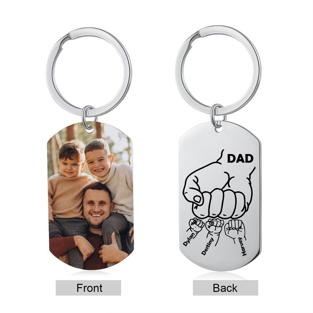 Dad Fist Bump Personalised Photo Keychain Engrave 3 Names Father's Day Gifts