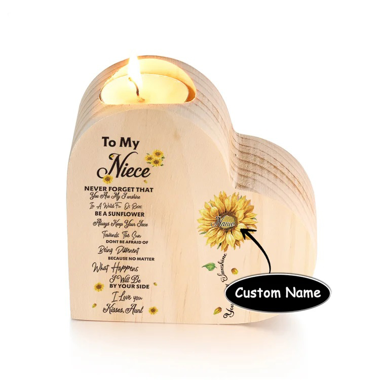 To My Niece Heart Candle Holder Kisses, Aunt Custom Name Wooden Sunflower Candlestick-Jessemade AU