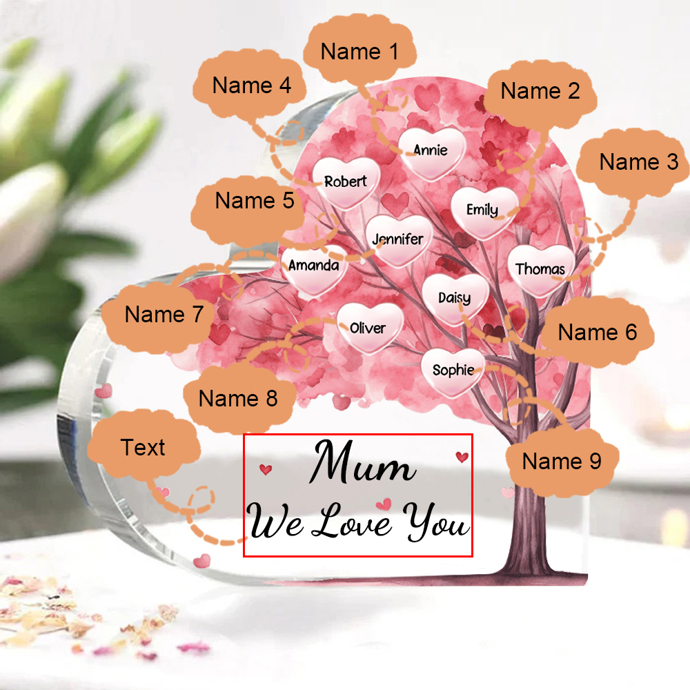 9 Names - Personalised Acrylic Heart Keepsake Custom Text Pink Tree Ornaments Gifts for Grandma/Mother-Jessemade AU