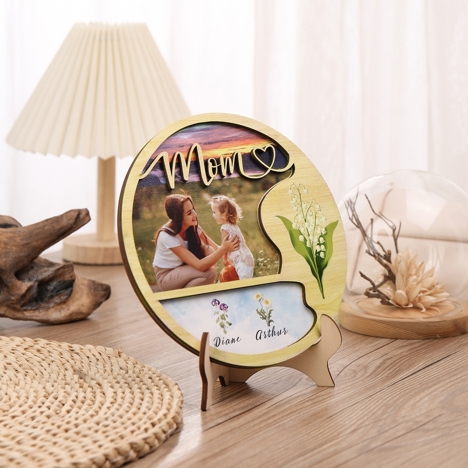 Personalised Photo & Text Wooden Plaque Custom 3 Birth Flowers & 2 Names Wooden Sign With Stand Gifts for Mum/Nana-Jessemade AU