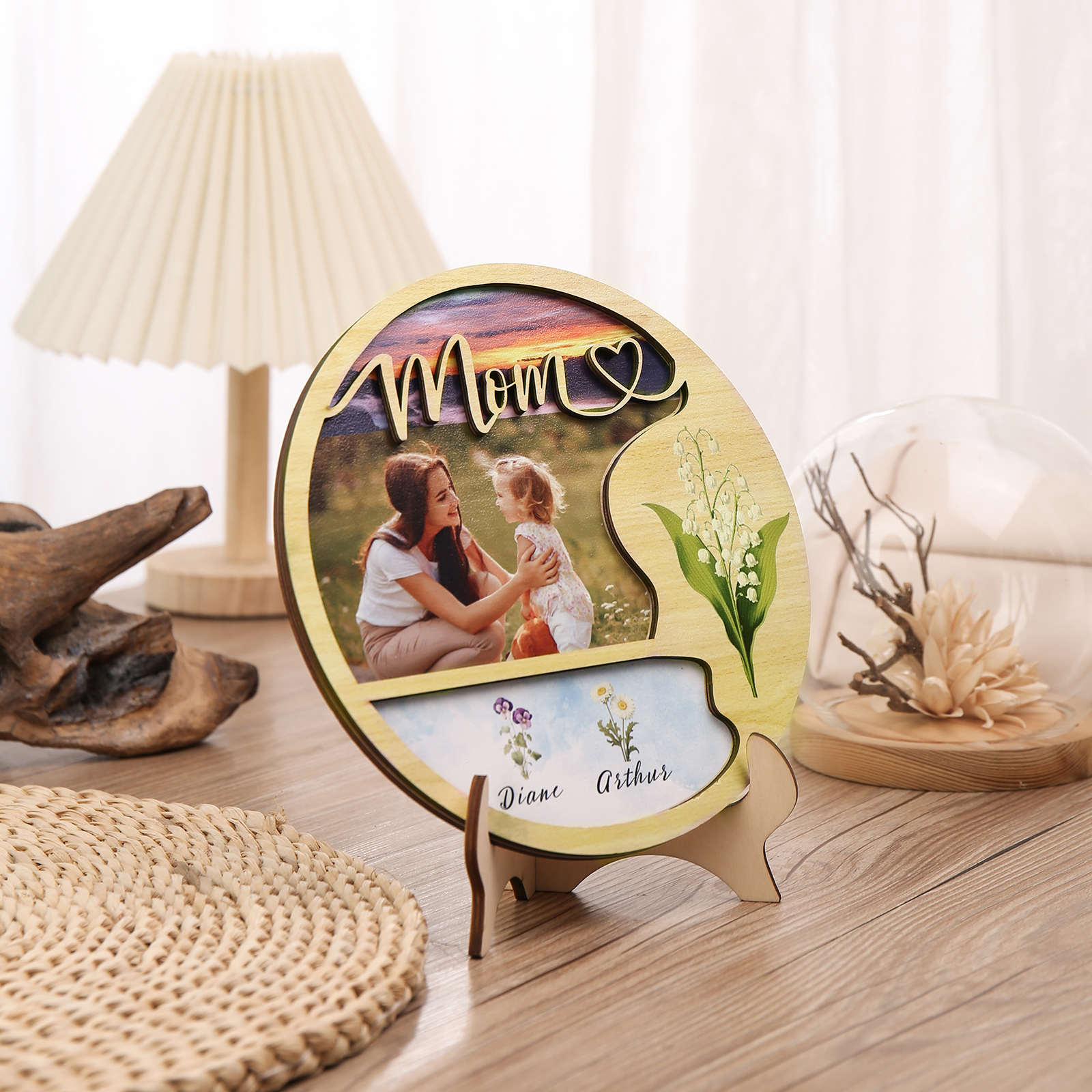 Personalised Photo & Text Wooden Plaque Custom 3 Birth Flowers & 2 Names Wooden Sign With Stand Gifts for Mum/Nana-Jessemade AU