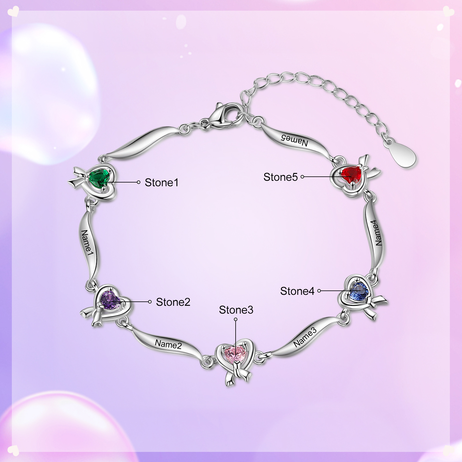 Personalised Heart Bracelet with 5 Birthstones Engraved Names Bracelet Gifts For Her-Jessemade AU