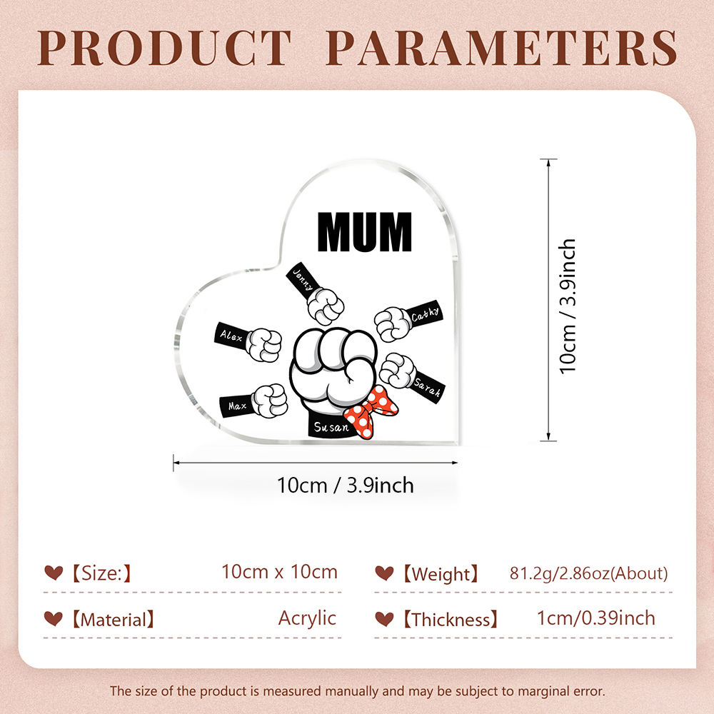 6 Names - Personalised Acrylic Heart Keepsake Custom Name & Text Fist Bump Ornaments Gifts for Family-Jessemade AU