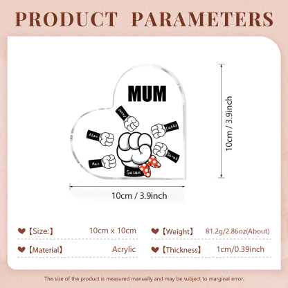 6 Names - Personalised Acrylic Heart Keepsake Custom Name & Text Fist Bump Ornaments Gifts for Family-Jessemade AU