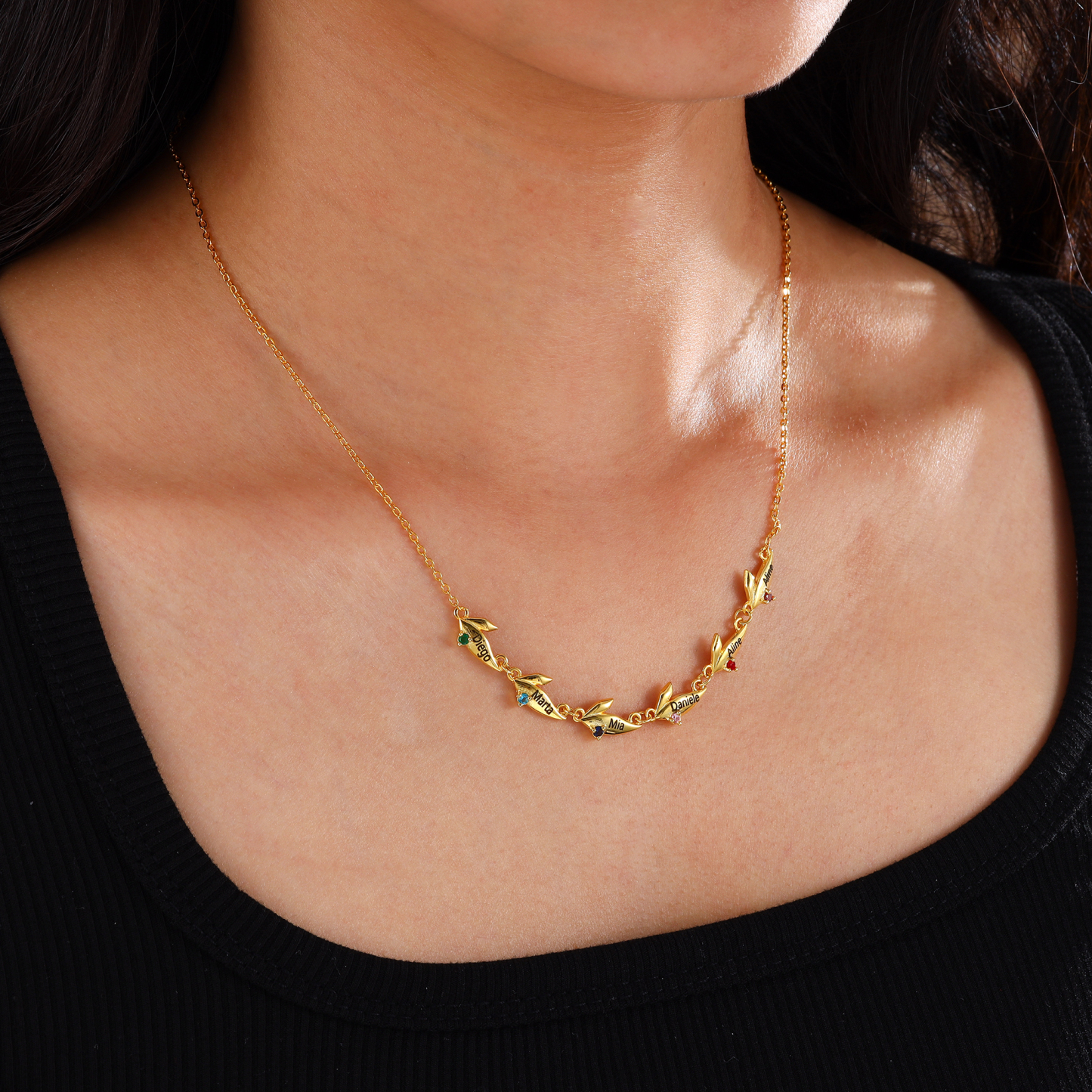 Personalised Leaves Pendant Necklace Custom 2 Names & 2 Birthstones Necklace Gifts for Her-Jessemade AU