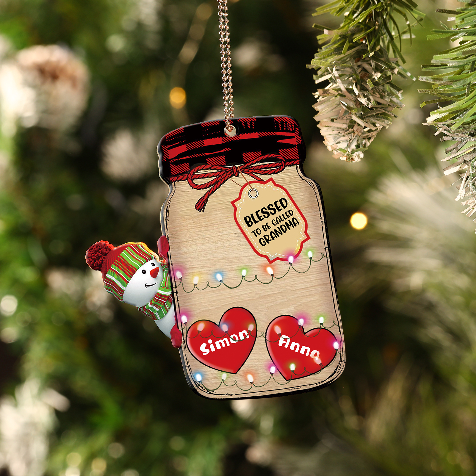 2 Names - Personalised Heart Christmas Ornament Customised Name & Text Acrylic Snowman Hanging Ornaments Jar Gift for Family-Jessemade AU