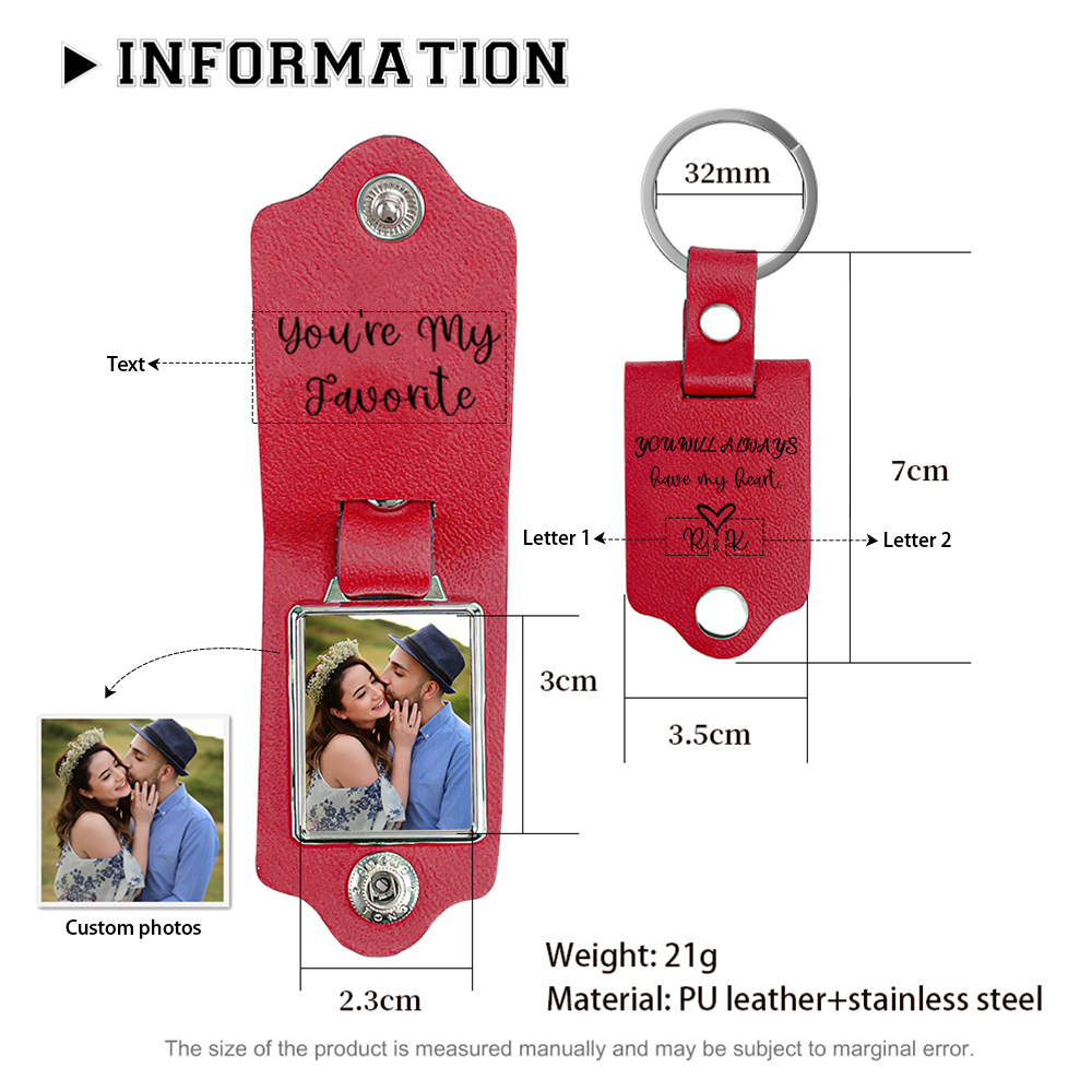 Personalised Photo Keychain Custom Text & 2 Letters Leather Keyring Gifts for Couples - You Will Always Have My Heart-Jessemade AU