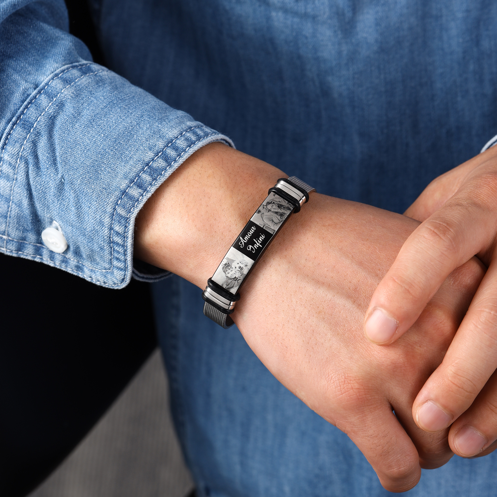 Personalised ID Bar Bracelet Engraved 2 Photos Men Women Bracelet-Jessemade AU