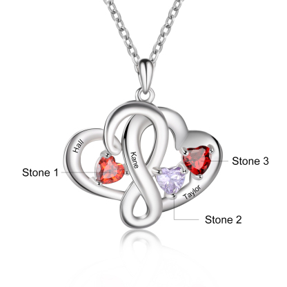 Personalised Double Hearts Birthstone Necklace With Engraving 3 Names For Lover-Jessemade AU