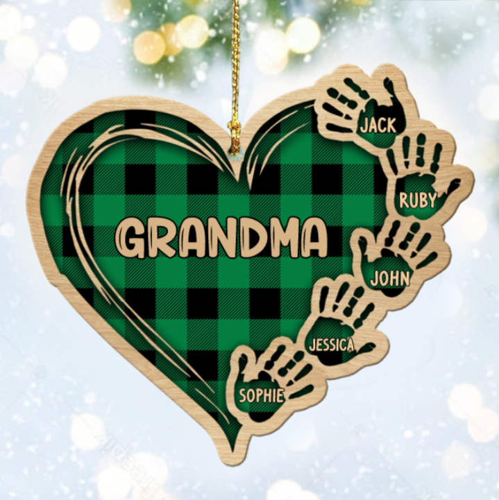 Grandma Mom Heart Hand Print Wood Ornament Custom 5 Names for Family-Jessemade AU