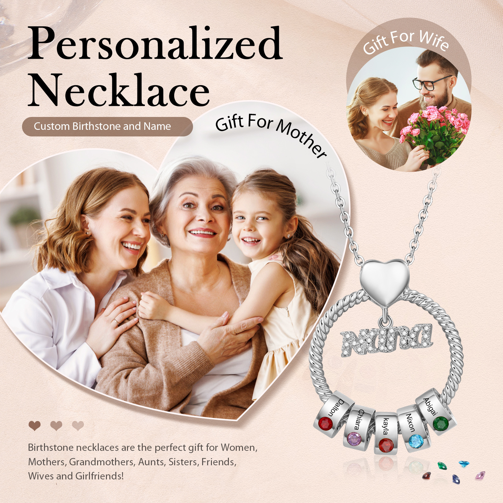 5 Names - Personalised Nana Necklace Custom Names & Birthstones Circle Pendant Necklace Gift for Grandma Nana-Jessemade AU