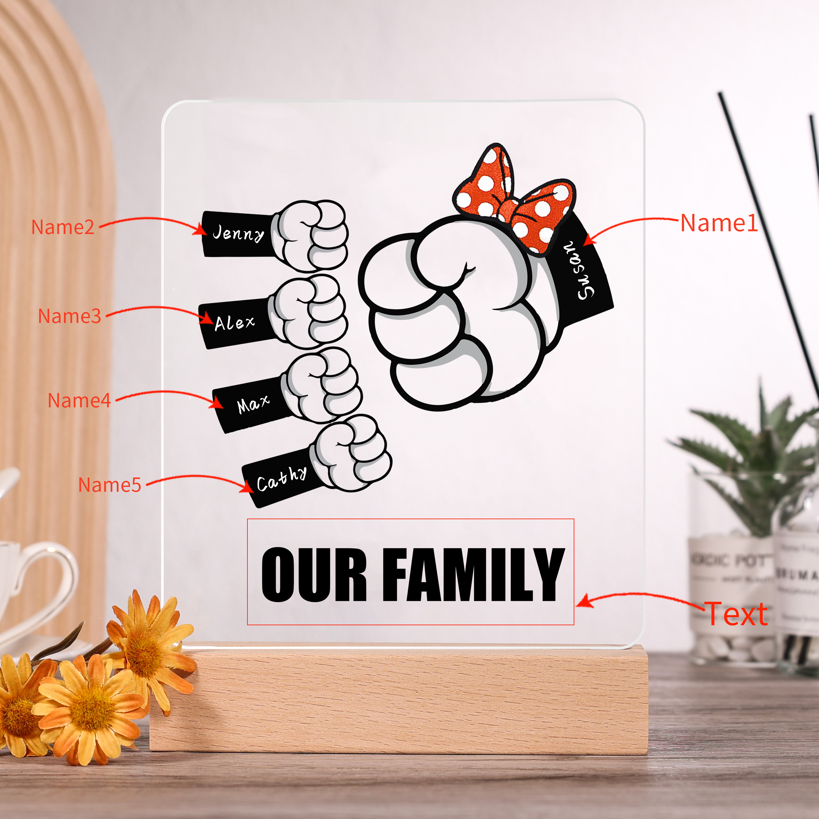 5 Names - Personalised Acrylic Night Light Custom Names & Text Fist Bump LED Lamp Gifts for Family-Jessemade AU