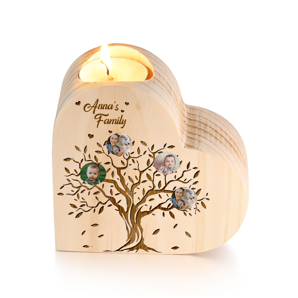 Family Photo Wooden Heart Candle Holder Custom 4 Photos Family Tree Candlesticks-Jessemade AU