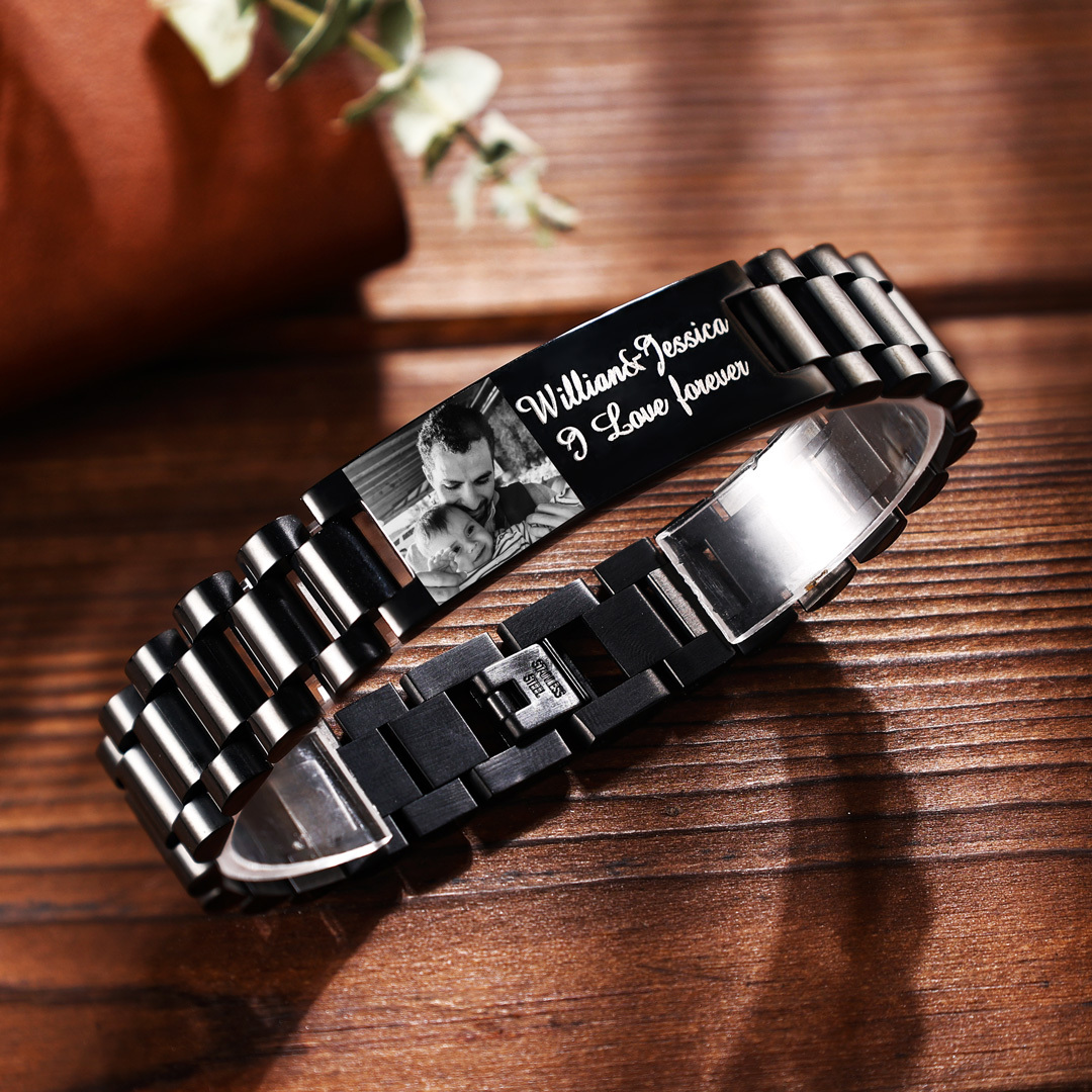 Personalised Men's Bracelet Custom Photo Wristband Initial ID Bar Bangle Gifts For Him-Jessemade AU